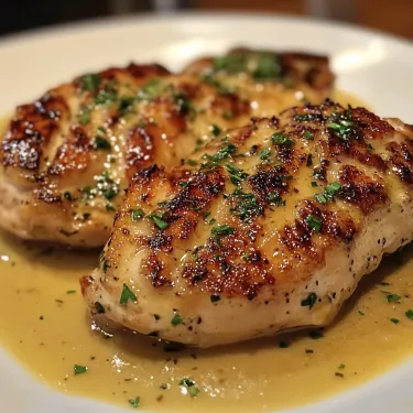 Chicken with sauce on a plate.