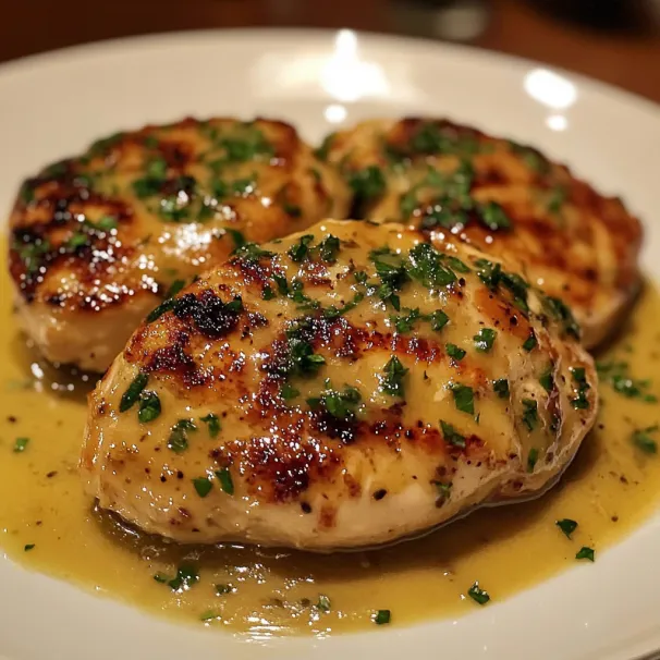 Chicken with sauce on a plate.