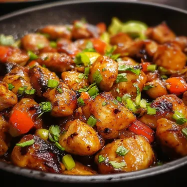 A pan of food with chicken and vegetables.