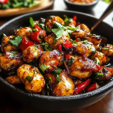 A bowl of food with chicken, peppers, and greens.