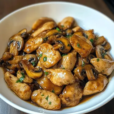A bowl of chicken and mushrooms.
