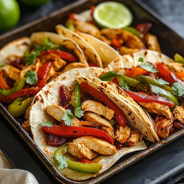 A pan of food with chicken, peppers, and lime.