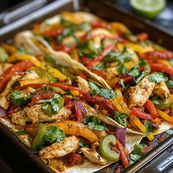 A pan of food with peppers, onions, and chicken.