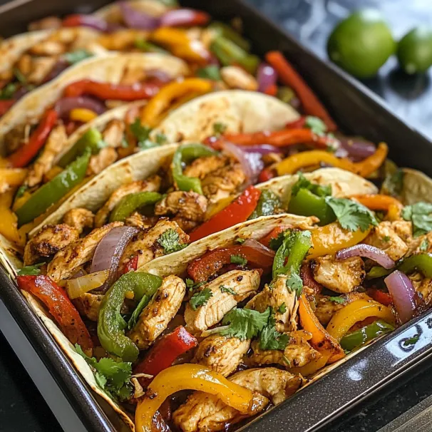 A pan of food with chicken, peppers, and onions.