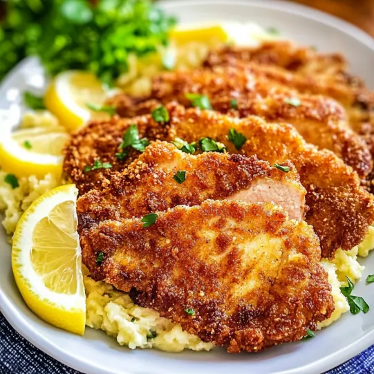 A plate of food with chicken and lemon wedges.