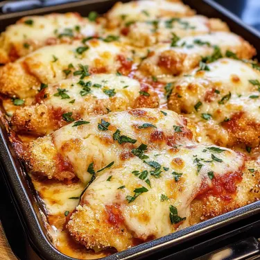 A pan of chicken with cheese and sauce.