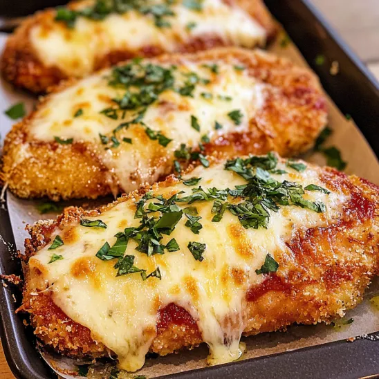 A tray of breaded chicken with cheese and herbs.