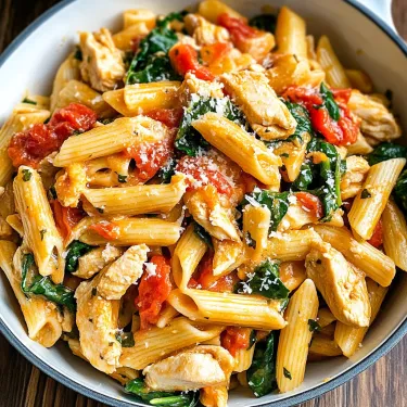 A bowl of pasta with chicken and tomatoes.