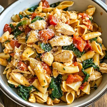 A bowl of pasta with chicken and tomatoes.