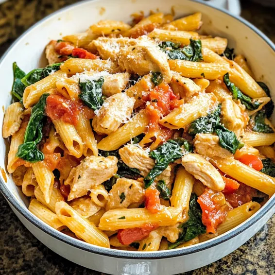 A bowl of pasta with chicken and vegetables.
