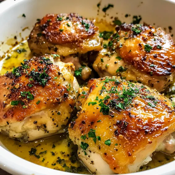 A bowl of chicken with herbs and spices.