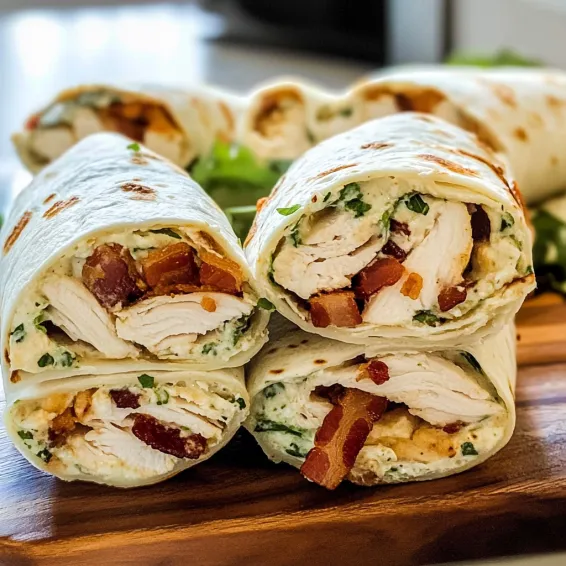 A sandwich with bacon and chicken on a wooden cutting board.