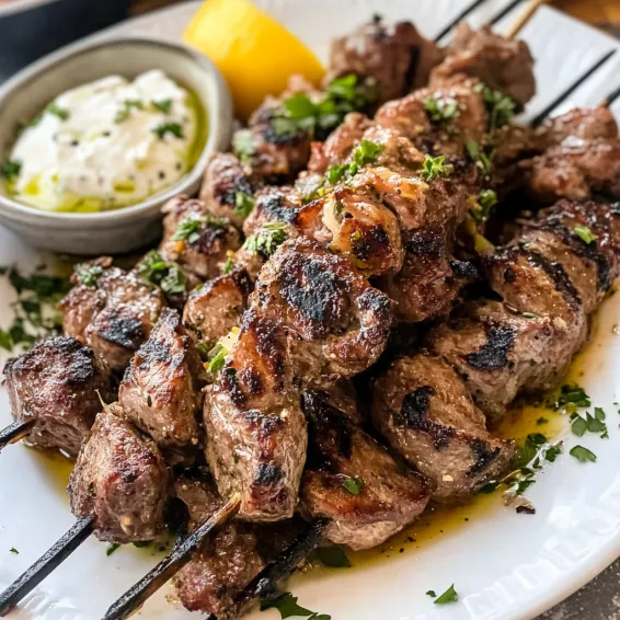 A plate of meat with a bowl of sauce.