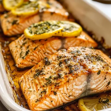 A pan of salmon with lemon slices on top.