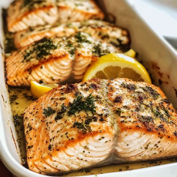 A pan of fish with lemon wedges on top.