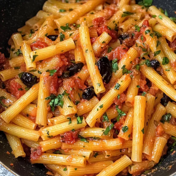 A bowl of pasta with olives and tomatoes.