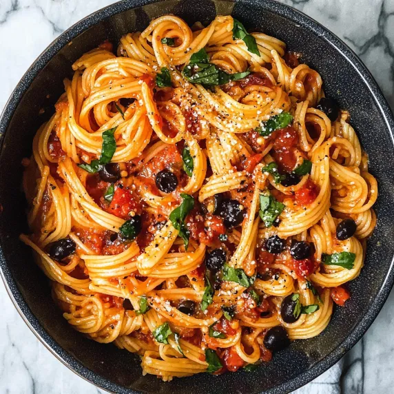 A bowl of spaghetti with tomatoes, olives, and basil.