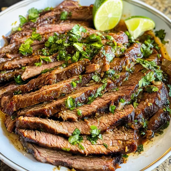 A plate of steak with limes on top.