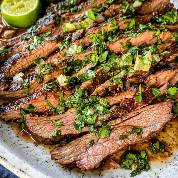 A plate of meat with green toppings.