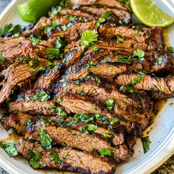 A plate of steak with limes and green onions.
