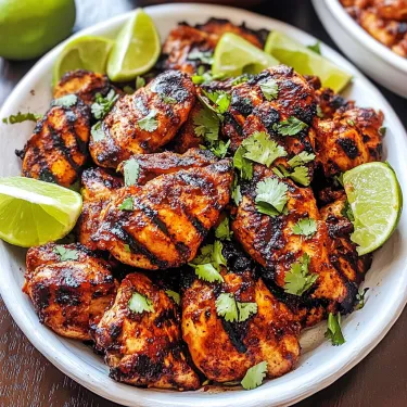 A plate of grilled chicken with limes and green onions.