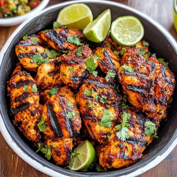 A bowl of chicken with limes and herbs.