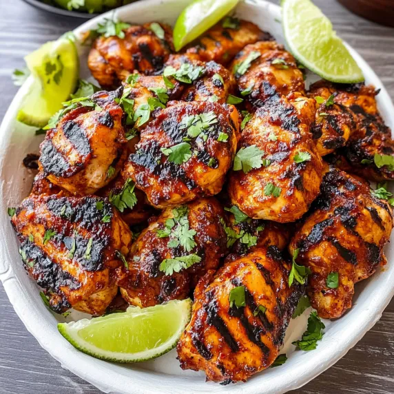A bowl of chicken with limes and herbs.