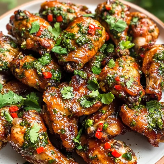 A plate of chicken wings with a green sauce.