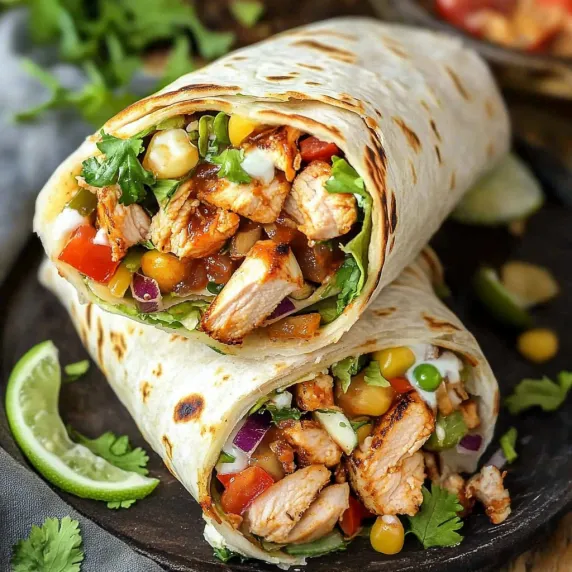 A chicken burrito with vegetables.