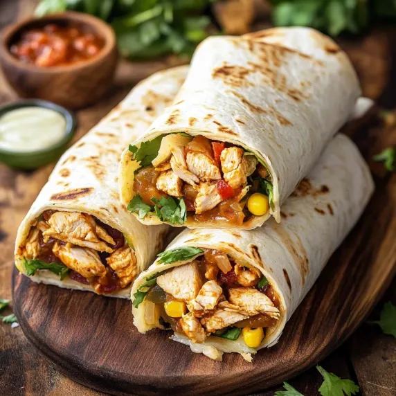 A chicken burrito on a wooden table.