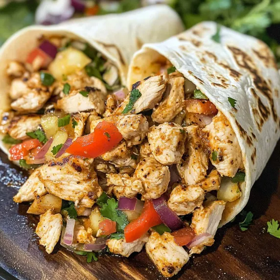 A chicken burrito with tomatoes and onions.