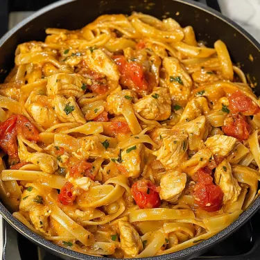 A pan of pasta with chicken and tomatoes.