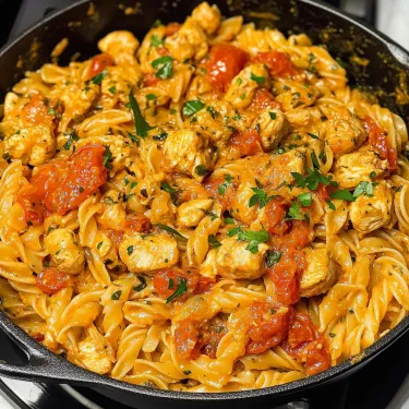 A pan of food with tomatoes and chicken.