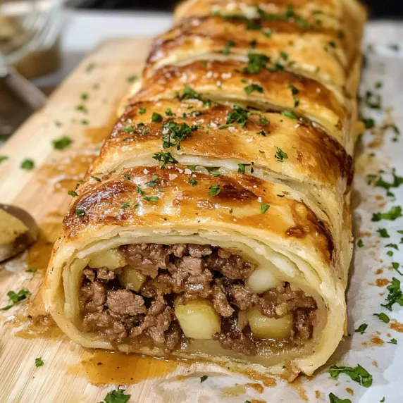 A meat filled pastry on a wooden board.