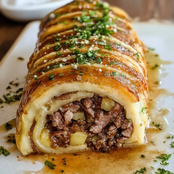 A meat roll with sauce on a white plate.