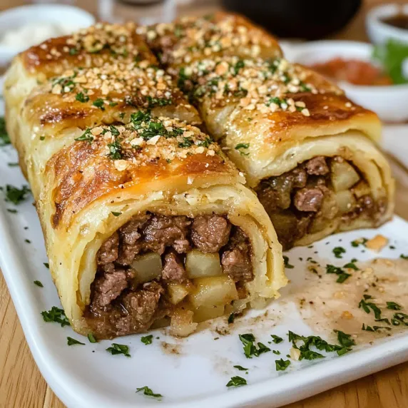 A plate of food with a meat and potato filling.