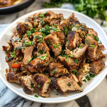A plate of meat with green toppings.