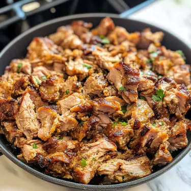 A bowl of meat with a green garnish.