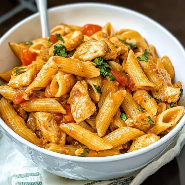 A bowl of pasta with chicken and tomatoes.