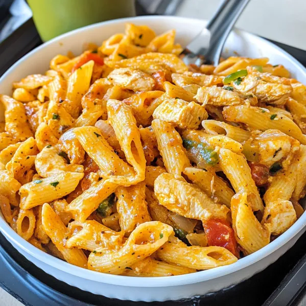 A bowl of pasta with chicken and vegetables.