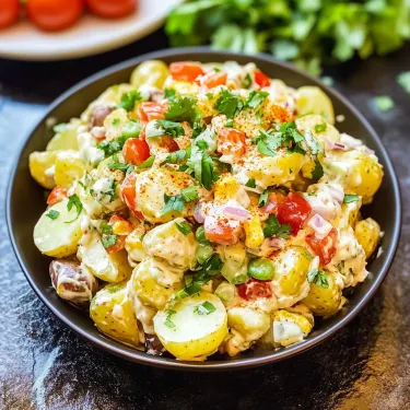 A bowl of food with potatoes, tomatoes, and herbs.