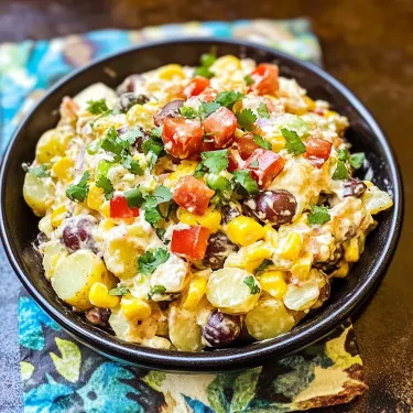 A bowl of food with tomatoes, corn, and beans.