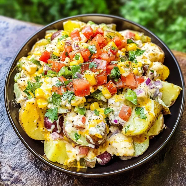 A bowl of food with tomatoes, corn, potatoes, and peppers.