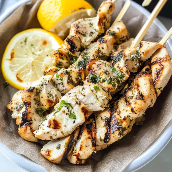 A bowl of chicken skewers with lemon wedges.