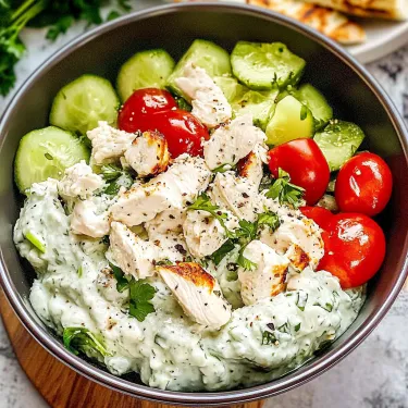 A bowl of chicken salad with tomatoes and cucumbers.