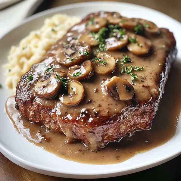 A plate of meat with mushrooms on top.
