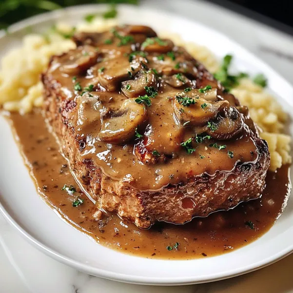 A plate of meat with gravy and mushrooms.