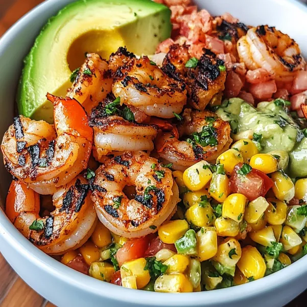 A bowl of food with shrimp, corn, avocado, and tomatoes.