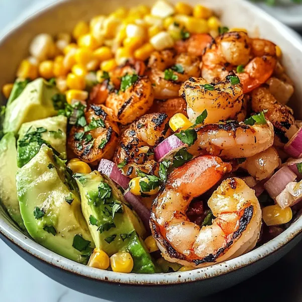 A bowl of food with shrimp, corn, and avocado.