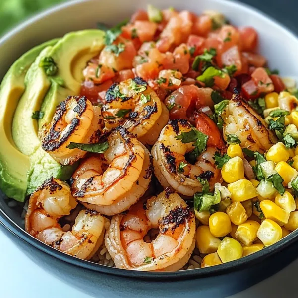 A bowl of food with shrimp, corn, and tomatoes.